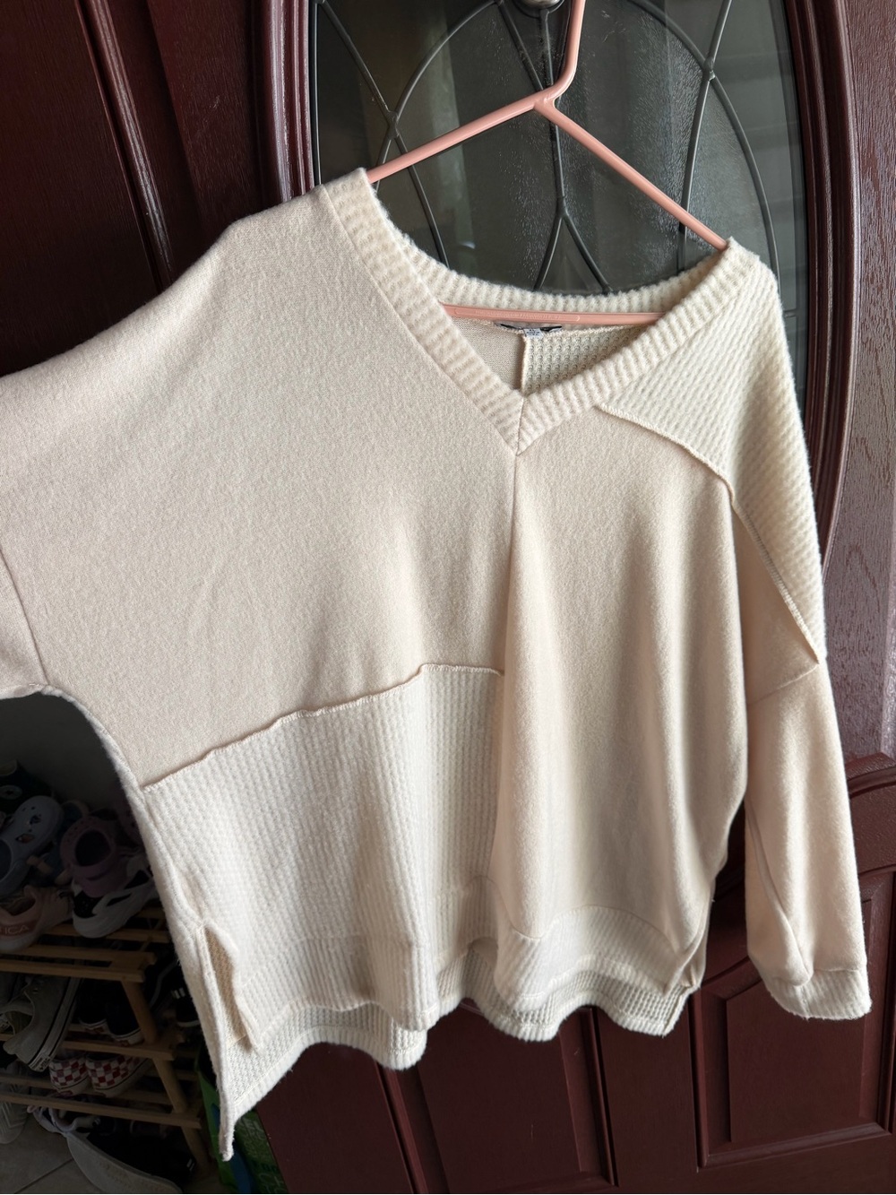 white birch Soft Cream V-Neck Mixed Knit Pullover